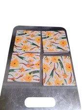 4-Ceramic Tile Coasters With Floral Print And Cork Backing Pads, 4" Each.