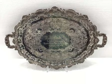 Vtg International Silver Company Lg Ornate Silver Plated Oval Serving Tray 26x17