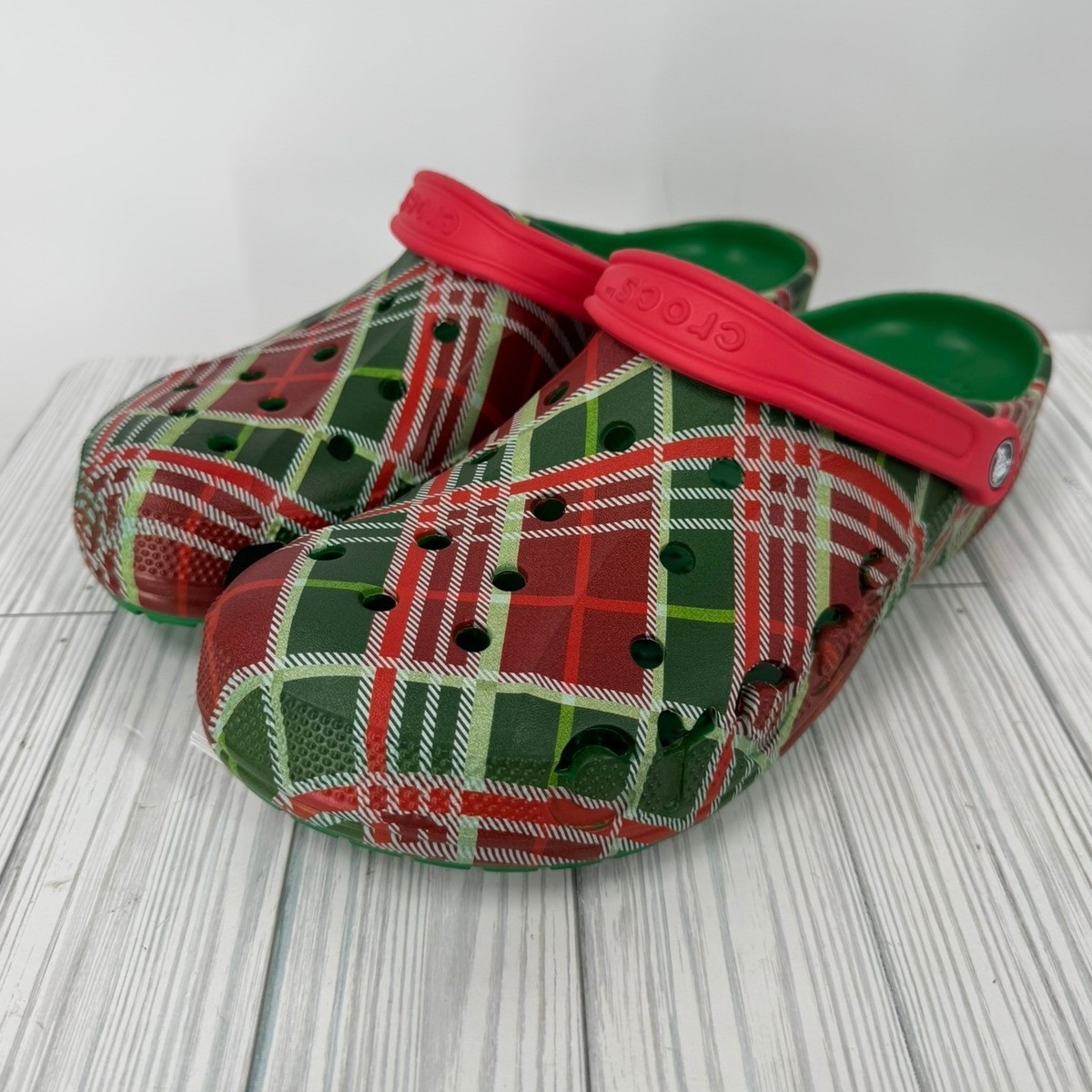 NEW CROCS Men\'s Sz 12  Baya Holiday Plaid Clogs Tan Heel Strap. $59.00. Unisex. Amazon.com | Crocs Unisex Child Baya Holiday Plaid Clogs K  main image 2