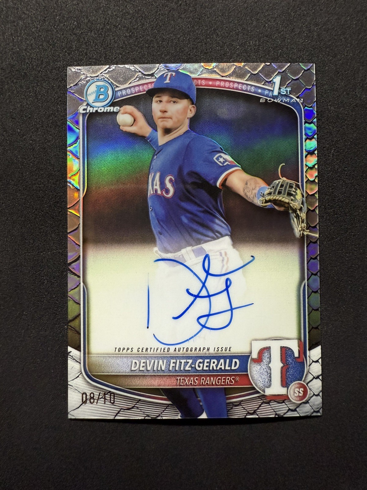 Devin Fitz-Gerald 2025 Bowman Chrome 1st Black Reptilian Auto /10 Rangers