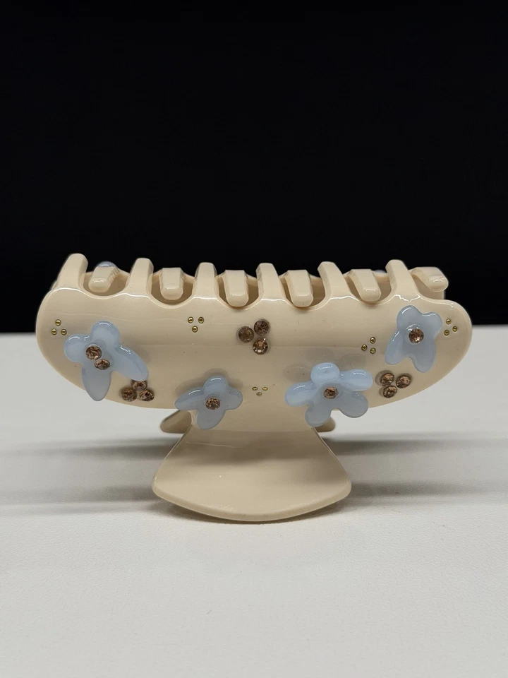 Beige Hair Claw Clip with Blue Flowers & Rhinestones – Cute Floral Acrylic - Image 2 of 3
