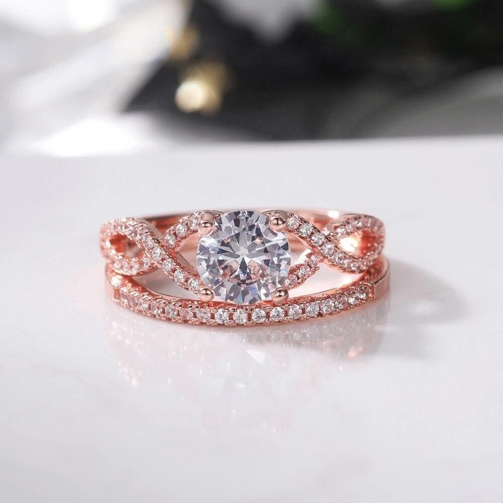 Twisted Bridal Set Ring 2.30Ct Round Cut Real Moissanite 14K Rose Gold Plated