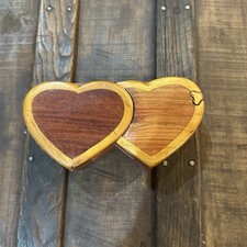 Vtg Wooden Double Heart Shape Secret Jewelry Trinket Puzzle Box Handcrafted Wood