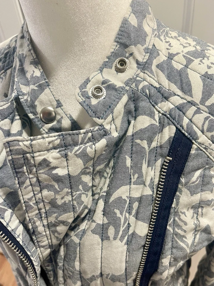 复古 Gaps 女式 XS 码娇小蓝色白色花卉布立领摩托车 — 第 2/4 张图片