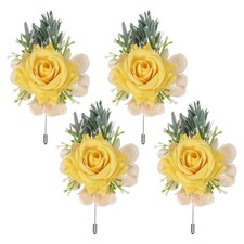 4 Pcs Yellow Boutonnieres for Men, Artificial Flower Buttonholes Pocket