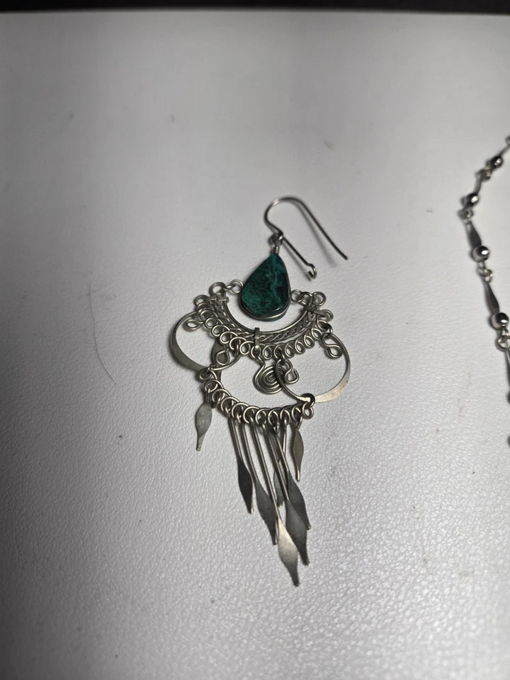 Conjunto de brinco de fio colar nativo americano prata esterlina, TURQUESA - Imagem 3 de 4