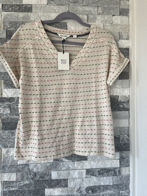 Women WHITE STUFF NWT Embroidered Stripe Short Sleeve Cotton TShirt Ivory-US 6/S