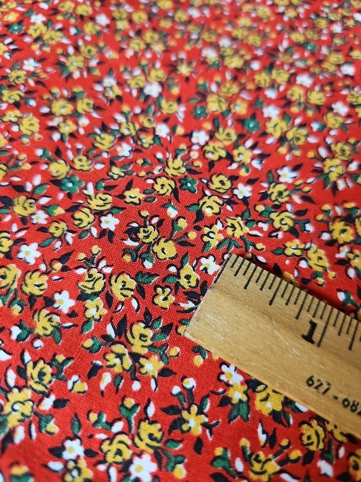 Vintage Tiny Ditzy Calico Floral Cottagecore Cotton Fabric Doll Red 1 Yard x 37" - Image 3 of 4