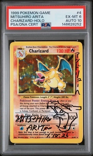 1999 POKEMON BASE SET UNLIMITED ARITA SIGNED #4 CHARIZARD-HOLO PSA 6 DNA AUTO 10