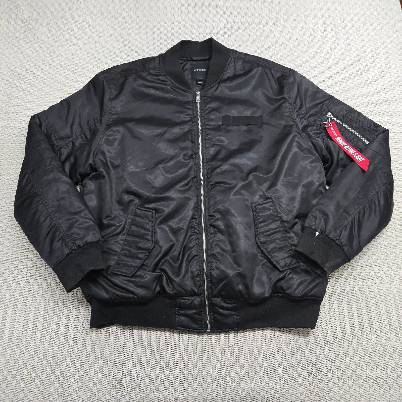 WT02 Black Satin MA-1 Bomber Jacket for Men XL Full Zip Hip Hop Flight Pilot-image