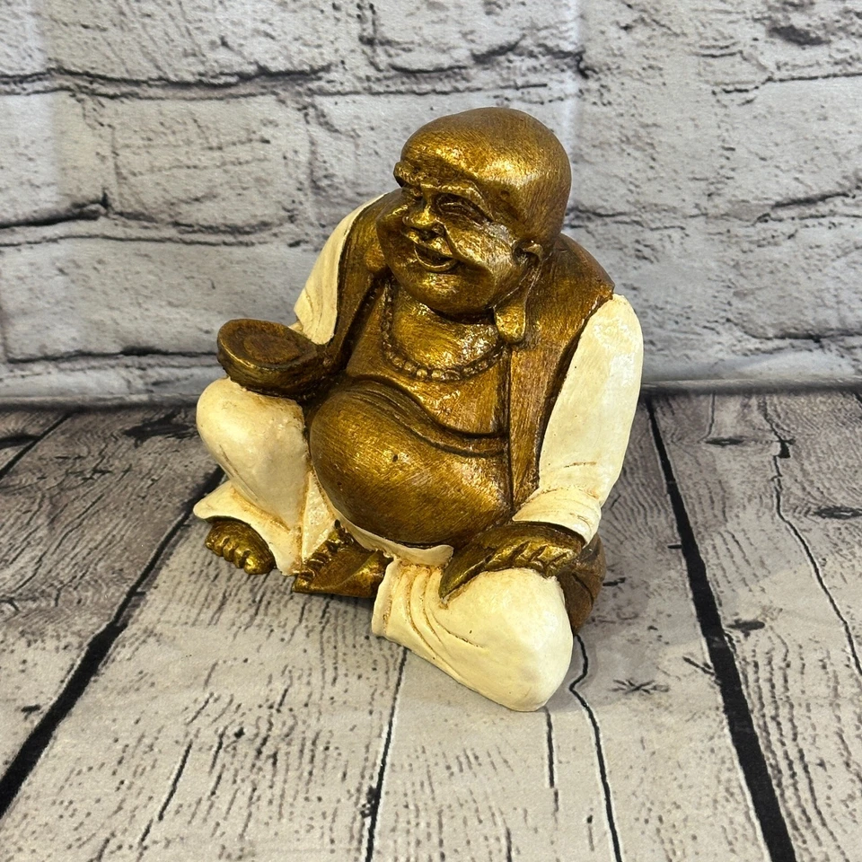 Blanco y Bronce 18cm x 15cm Grande Buda Chino Sentado Sobre Loto Estatua Resina Foto 2 de 4