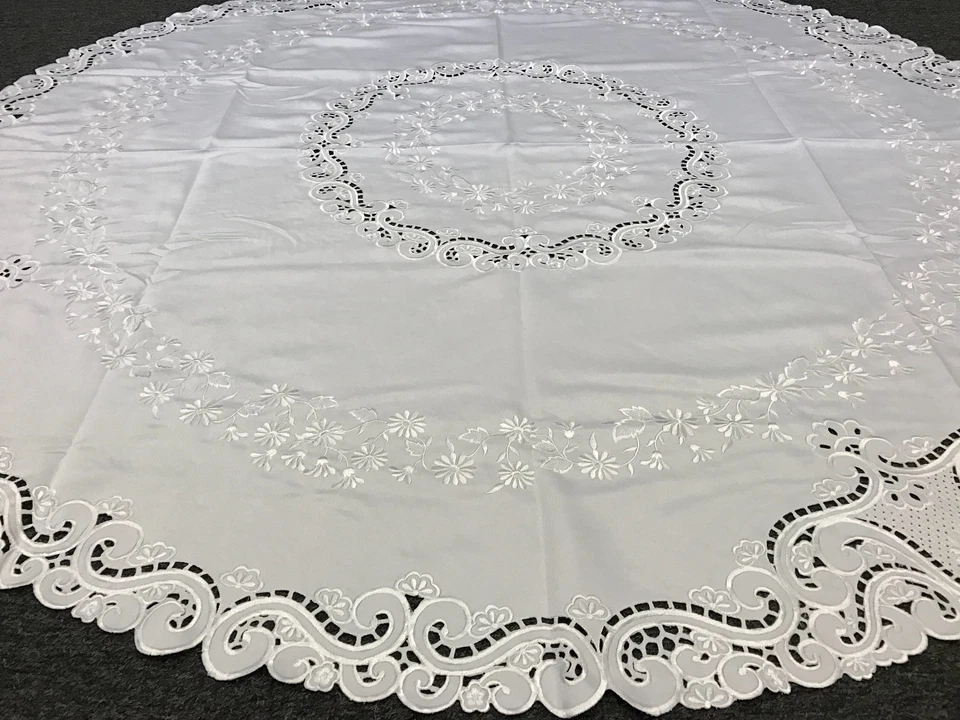 Embroidered Fabric Embroidery Tablecloth Napkin 88" Round White Wedding Bridal - Image 3 of 4