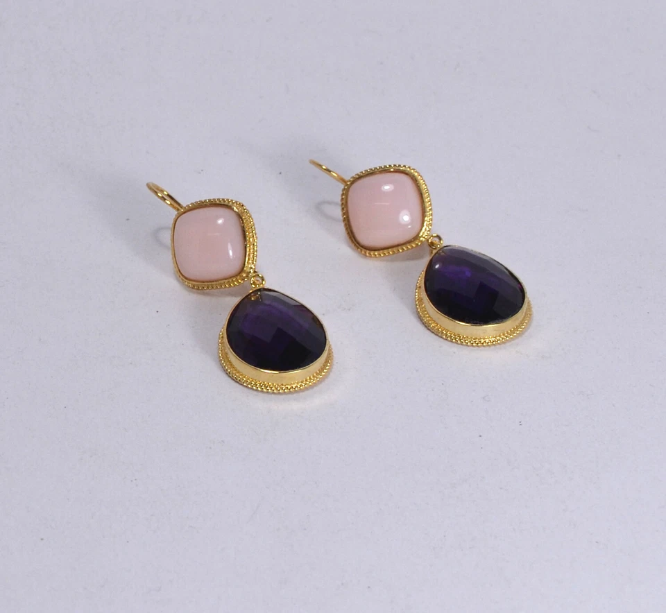 ORECCHINI  ARGENTO 925 DORATI CARRE OPALE ROSA  GOCCE AMETISTA IDRO.   AGHT 0576 - Immagine 2 di 3