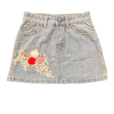 Big Girls Mini Jean Denim Skirt Waist 24" Size 10/12 Floral Lace Beaded CUTE