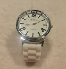 Ladies Geneva Quartz Trendy Silver Tone White Silicone Strap Analog Watch