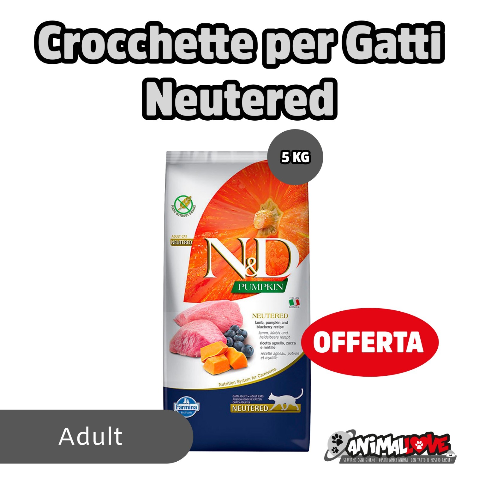 Farmina Cibo gatti - CROCCHETTE N&D PUMPKIN ADULT NEUTERED AGNELLO, MIRTILLO 5KG