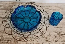 Vintage ashtray and toothpick holder, blue glass