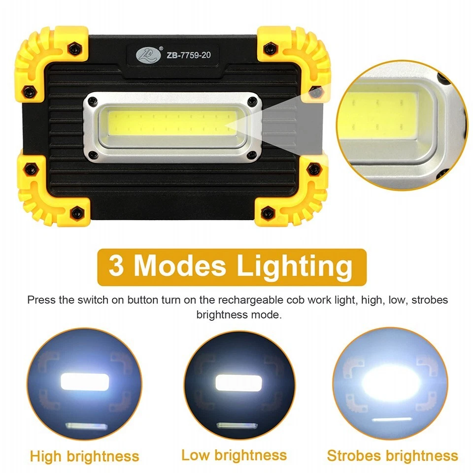 2 Piezas LED+COB Luz de Trabajo USB Recargable Foco Proyector Camping Emergencia Foto 3 de 4