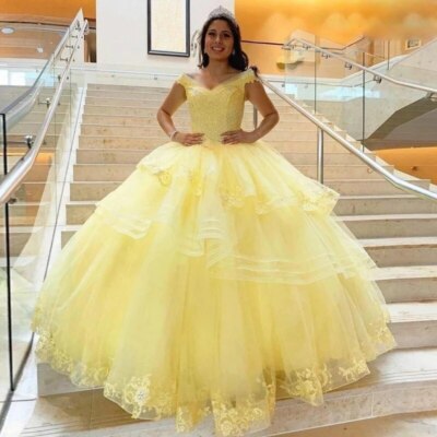 strapless open back dress Two Pieces Yellow Lace Long Prom Dress With Big Bow Evening Dresses se –  SELINADRESS main image 0
