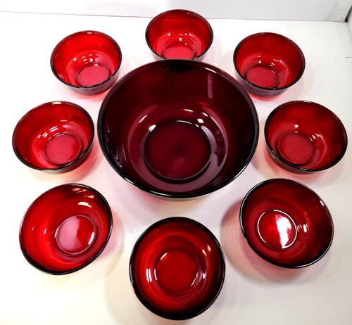 Vintage ARCOROC France Ruby Red Glass Bowls 1 Large & 8 Fruit Bowls *Marks READ!