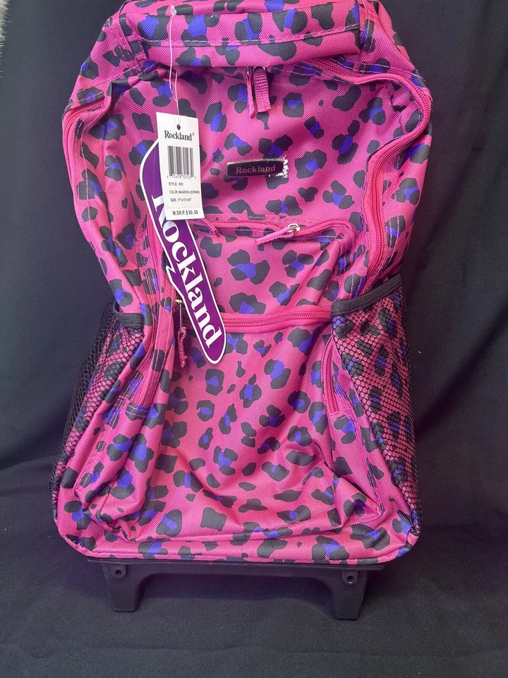 Rockland Double Handle Rolling Backpack, Magenta Leopard 17"x13"x10" MSRP $80 - Image 3 of 3
