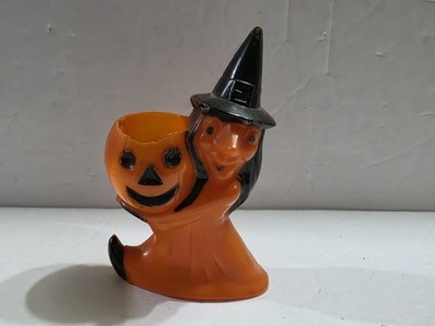 Vintage 1950s ROSBRO Plastic Halloween Witch Pumpkin Candy Container Damaged