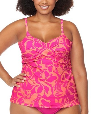 Raisins E3815 Curve Trendy Plus Aries Printed Ruched-Front Tankini Pink  14W