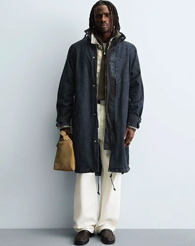 Zara Men's Long Parka Coat Black Hooded Full Zip Pockets Size 38/small oversized - product listing photo