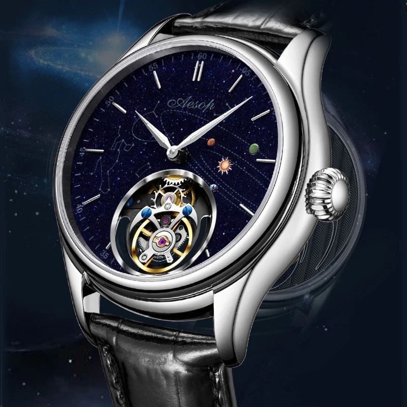 Reloj mecánico para hombre Aesop Starry Sky Flying Tourbillon zafiro de lujo 7049 Foto 3 de 4