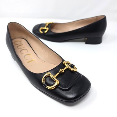 Gucci Baby Horsebit Black Leather Square Toe Loafer Pumps Gold 38.5 US 8.5