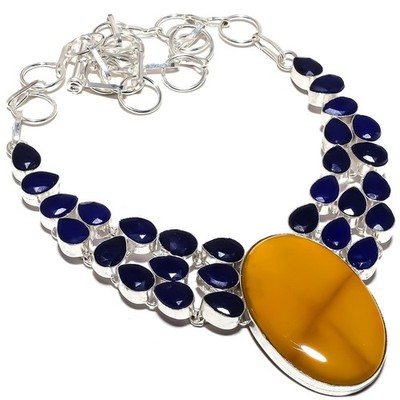 Mookait, blaue Jade Edelstein Handarbeit 925 Sterlingsilber Schmuck Halskette 18''