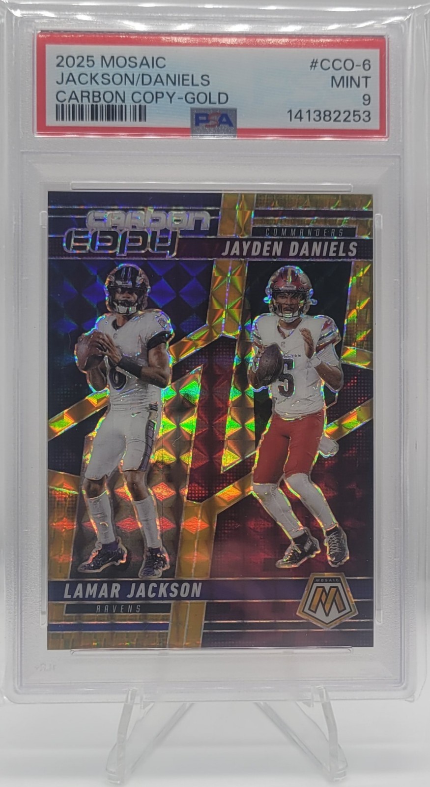 2025 Panini Mosaic Carbon Copy Gold/10 Jayden Daniels Lamar Jackson PSA 9