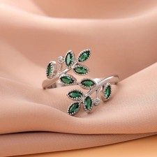925 Sterling Silver Green CZ Crystal Leaf Adjustable Open Ring