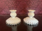 Vintage Fenton Spanish Lace Silver Crest Milk Glass Candlestick Holders Set Of 2