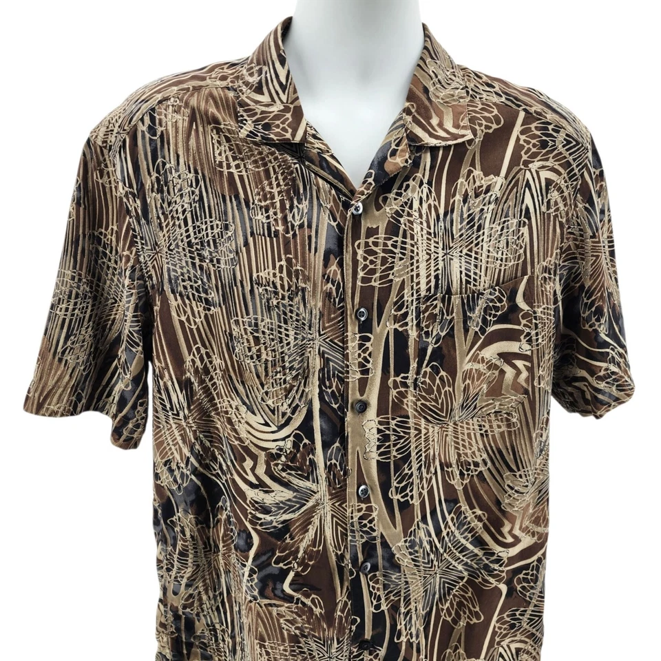 Axis LA Mens Medium Shirt Silk Hawaiian Floral Tan Brown Black Tropical Party - Image 2 of 4