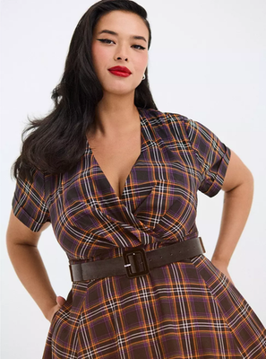 knee length dresses for ladies Golden Plaid Mini Dress 3X main image 1