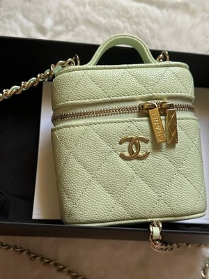 CHANEL Caviar Quilted Small Handle With Care Vanity Case w/Chain Light Green 22C