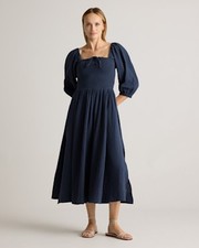 Quince 100% Organic Cotton Gauze Smocked Square Neck Midi Dress Indigo S