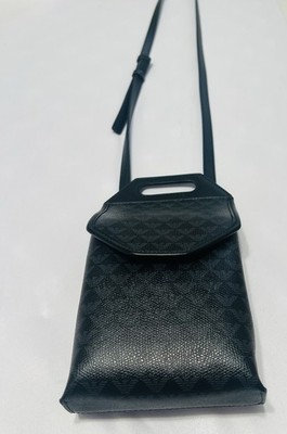 Emporio Armani Black Logo Pattern Shoulder Bag Adjustable Strap Silver Hardware