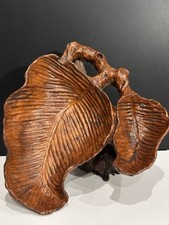 Large Hand Carved Wood Leaf Sculpture Bowl Organic Rustic Home Decor 15-16 In