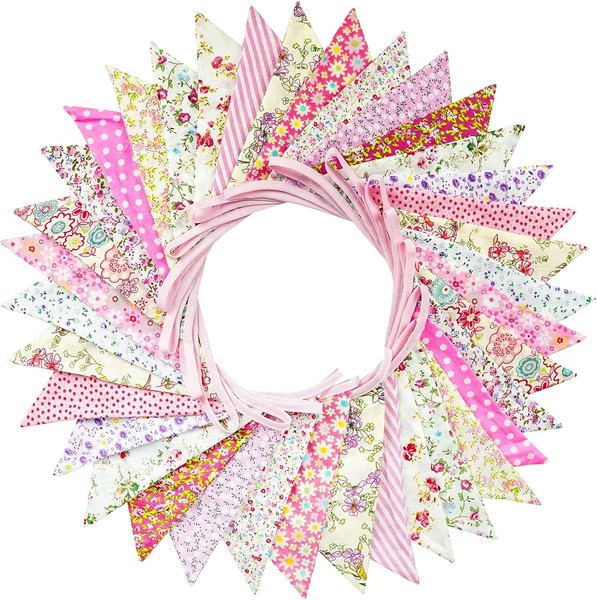 G2PLUS SüßE Beidseitig Wimpel Girlande, 10M Bunting Wimpelkette Stoff, Rosa S-image
