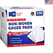 8-Ply Sterile 3x3 Gauze Pads - 100 Count, Non-Stick  Breathable for Wound Care
