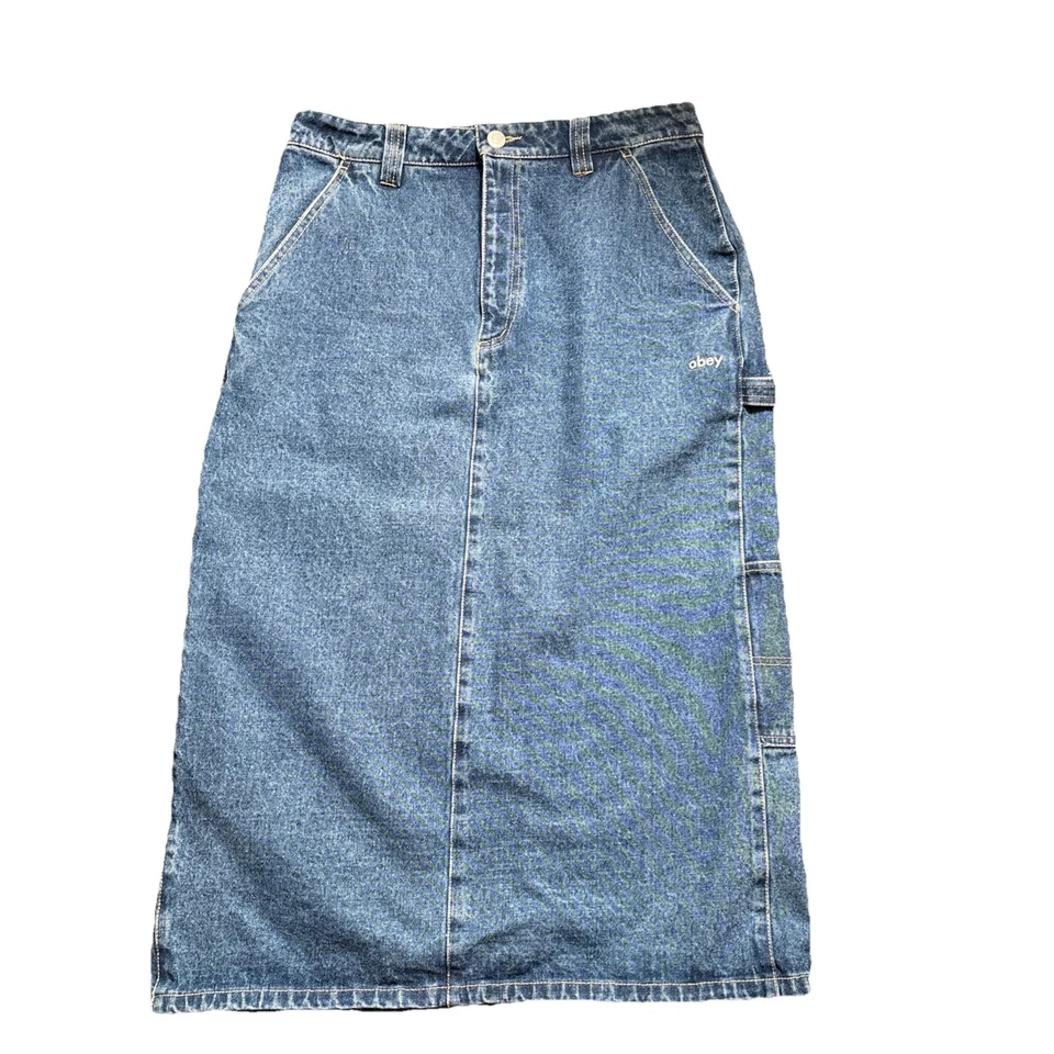 Falda vaquera utilitaria OBEY enebro midi lavado a la piedra índigo 30x32 pintores Foto 2 de 4