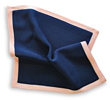 Frederick Thomas plain navy blue knitted pocket square with pink edging