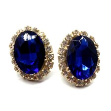 Oval Sapphire Blue Earrings Surrounded by White Prong-Set Rhinestones 1" Pierced