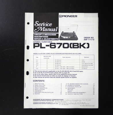 Original PIONEER PL-670 Stereo Turntable/Plattenspieler Service Manual o25