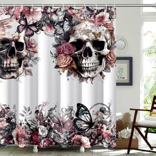 Skull Flower Butterfly Shower Curtain Waterproof Bathroom Decor Skeleton Ghost