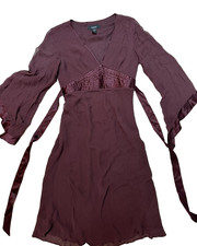 Vtg Express Silk Dress Chocolate Brown Empire Waist Bell Sleeve Size 6 Witchy