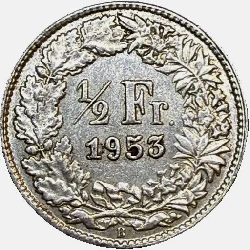 1953B Switzerland 1/2 Franc SILVER COIN SHIPS FREE (XF) Extra Fine. .835 Silver - Image 4 of 4