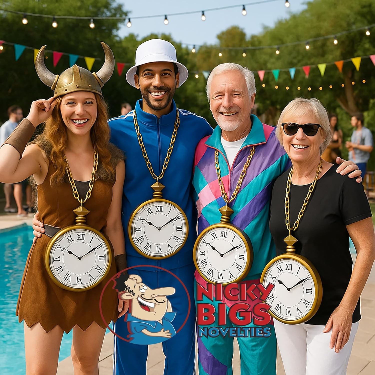 Nicky Bigs Novelties Jumbo Clock Necklace Prop 10″ Oversized Clock on 16″ 